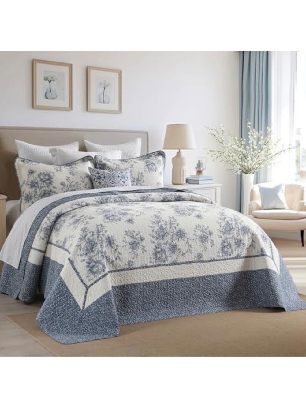 Blue and Cream Floral Quilt Set